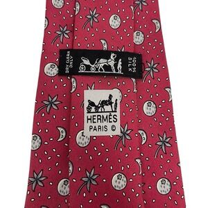 Hermes Men's Tie Constellation Moon Sun Stars Red Silk 7804 FA 3.75" x 58.5" euc